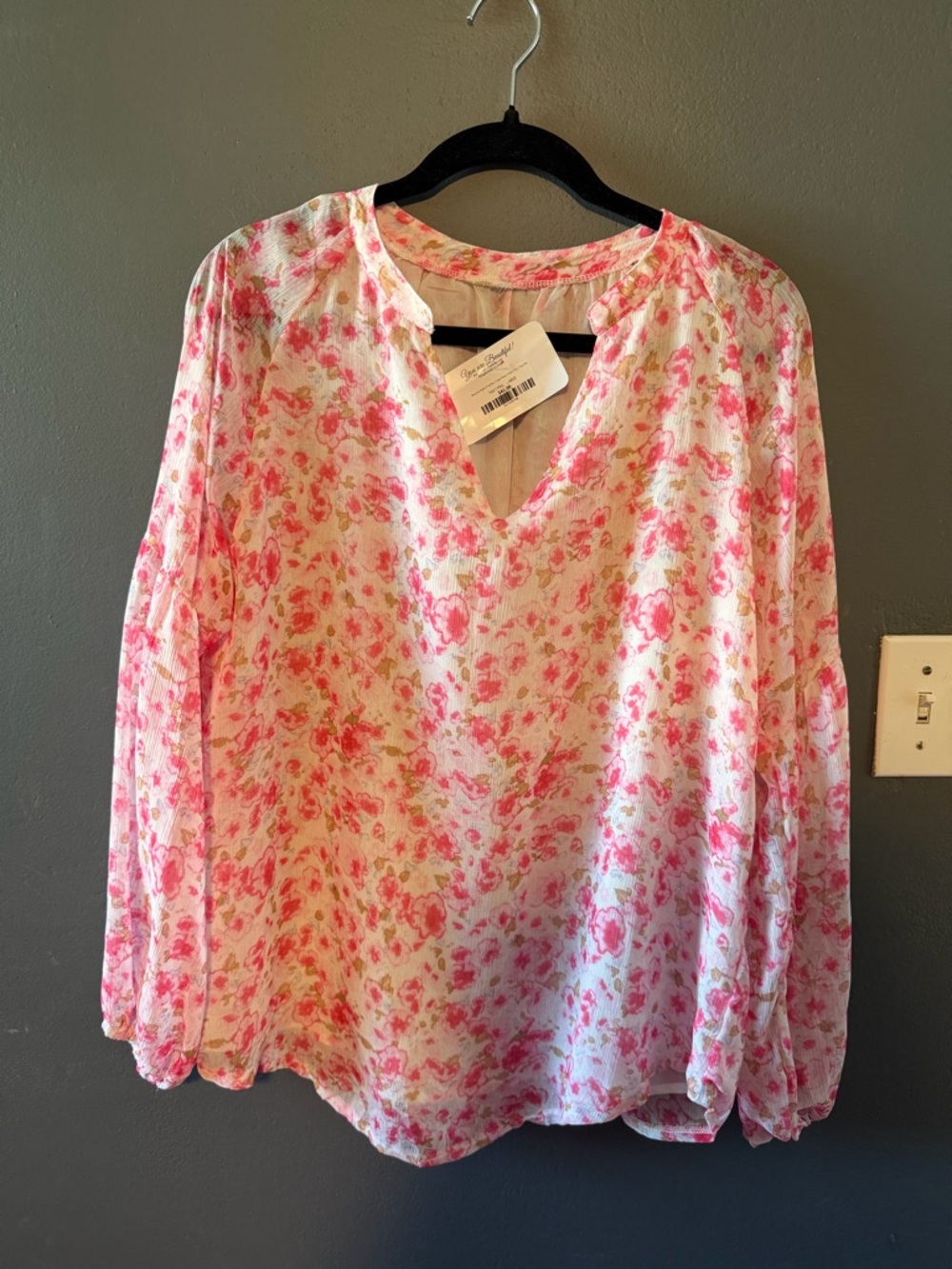 Floral Pink V-Neck Long-Sleeve Blouse